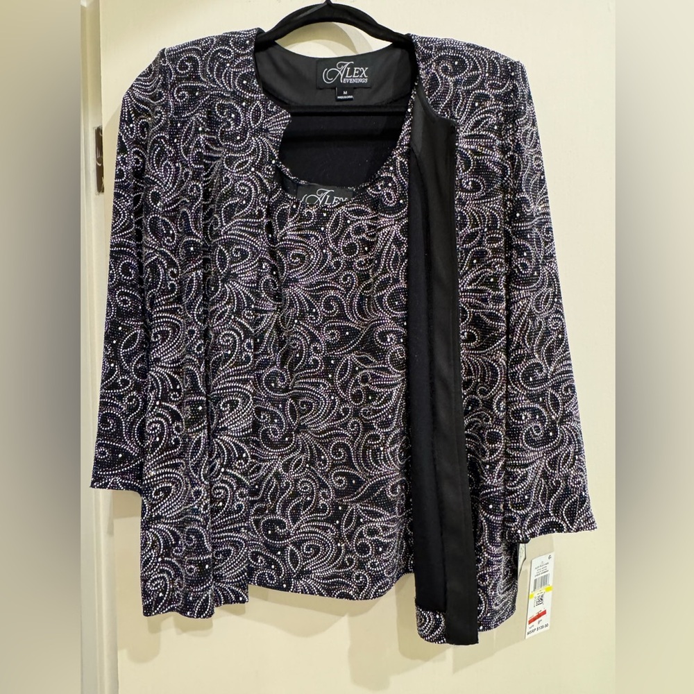 Alex Evenings NWT 2 piece jacket with matching top set. Black/gold/silver design